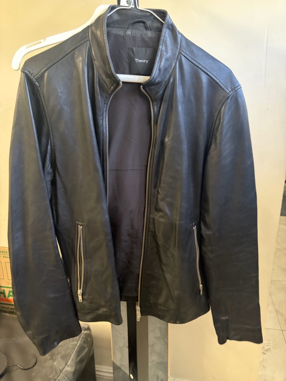 Theory Black Leather Bomber Jacket with Zip Pockets